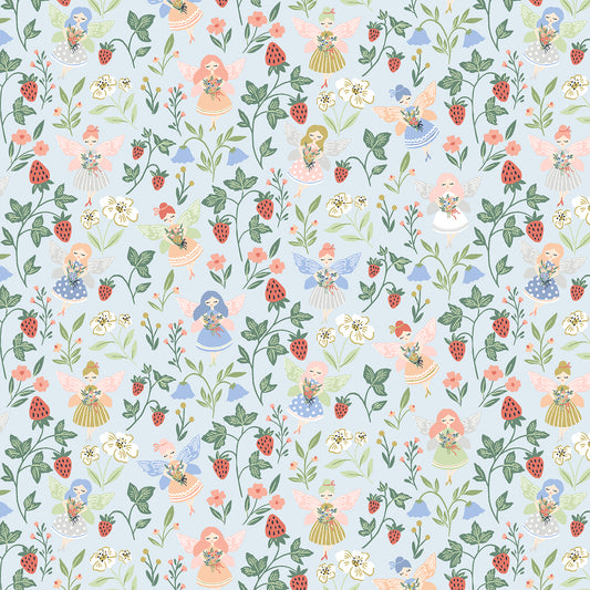 A repeating whimsical pattern featuring small fairy characters, strawberries, flowers, and green vines on a pale blue background.