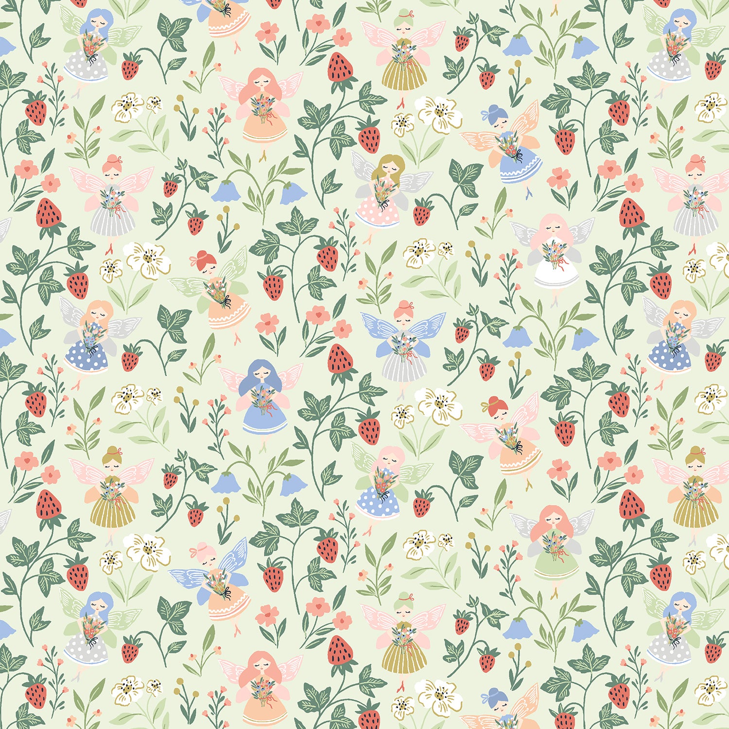 A seamless repeating pattern featuring whimsical fairy characters, strawberries, wildflowers, and green vines on a pale cream background.