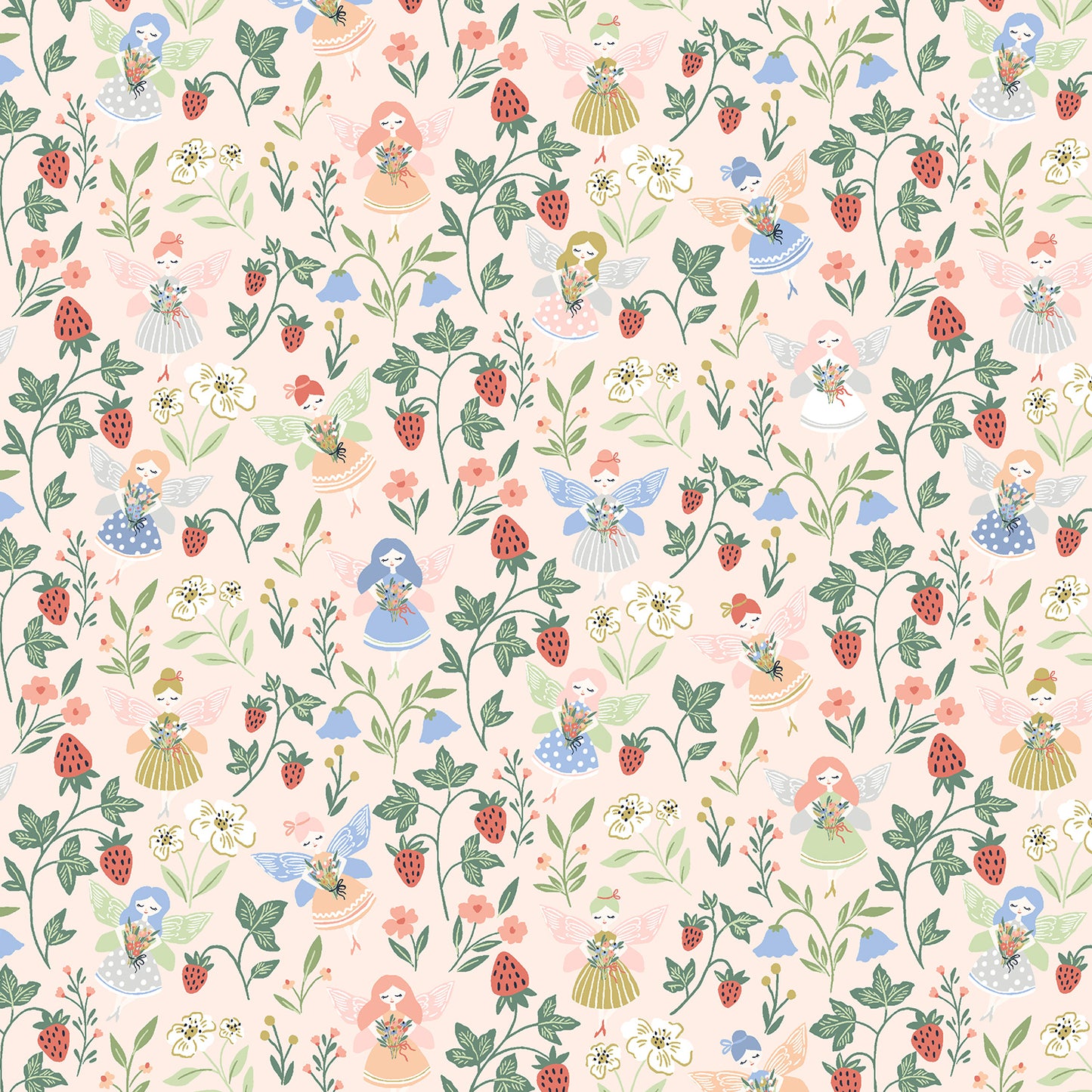 A repeating whimsical pattern of fairies, strawberries, flowers, and green vines on a pale blush pink background.