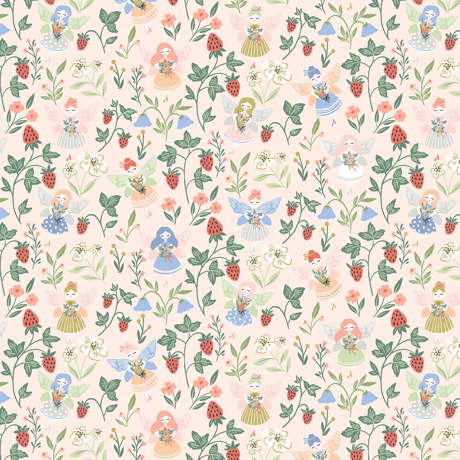 A repeating whimsical pattern of fairies, strawberries, flowers, and green vines on a pale blush pink background.