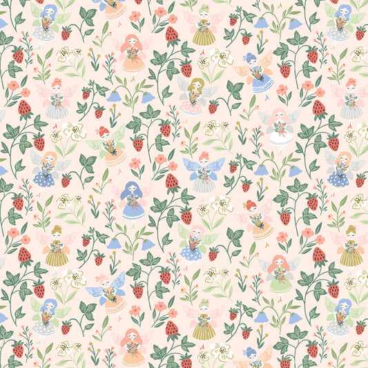 A repeating whimsical pattern of fairies, strawberries, flowers, and green vines on a pale blush pink background.