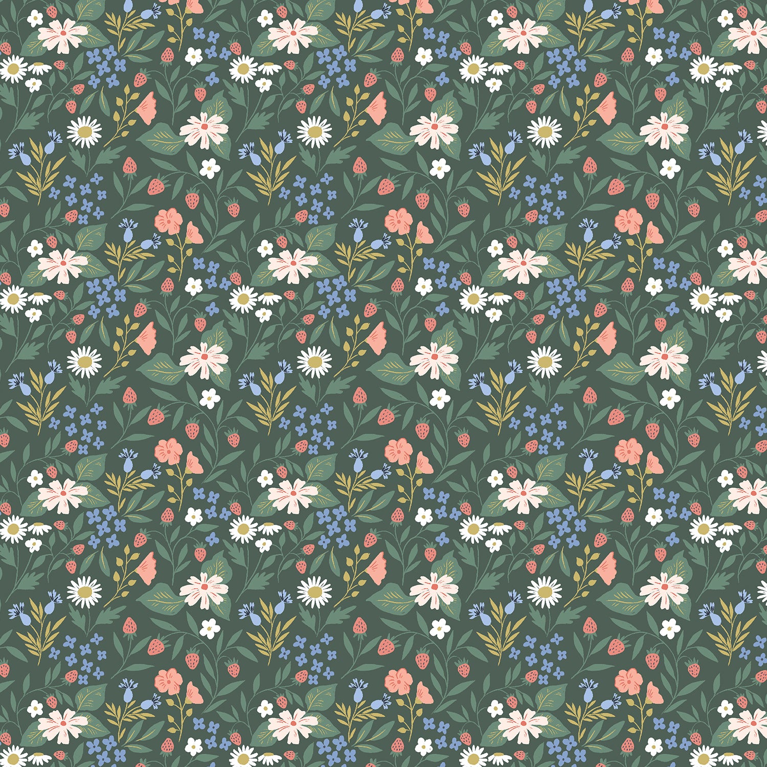 A repeating floral pattern on a dark green background, featuring white daisies, pink and white flowers, small blue blossoms, and green leaves.