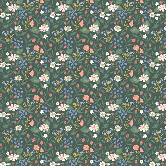 A repeating floral pattern on a dark green background, featuring white daisies, pink and white flowers, small blue blossoms, and green leaves.