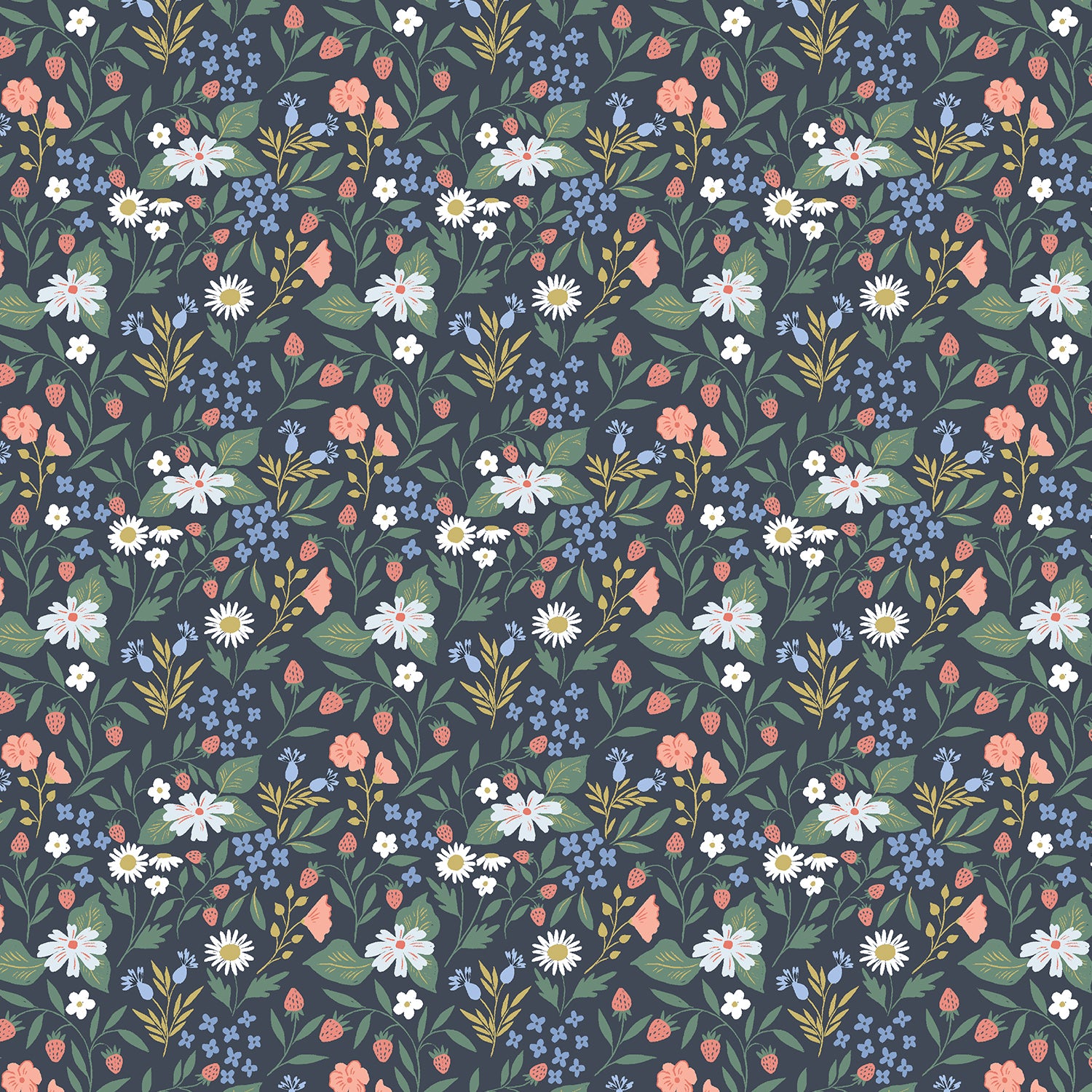 A seamless botanical pattern featuring white daisies, pink wildflowers, blue blossoms, and green leaves on a dark slate gray background.