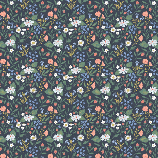 A seamless botanical pattern featuring white daisies, pink wildflowers, blue blossoms, and green leaves on a dark slate gray background.