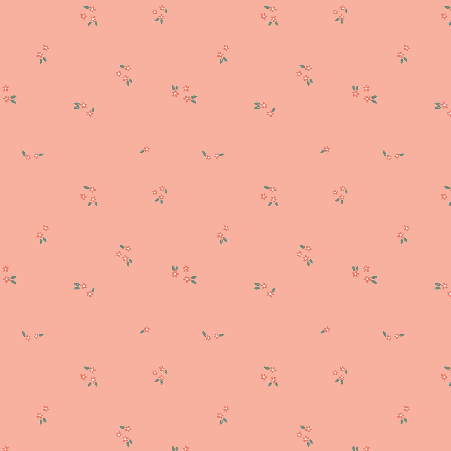 A seamless repeating pattern of small pink and red cherry blossoms with green leaves on a solid peach-pink background.
