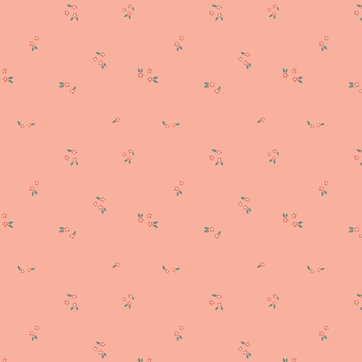 A seamless repeating pattern of small pink and red cherry blossoms with green leaves on a solid peach-pink background.