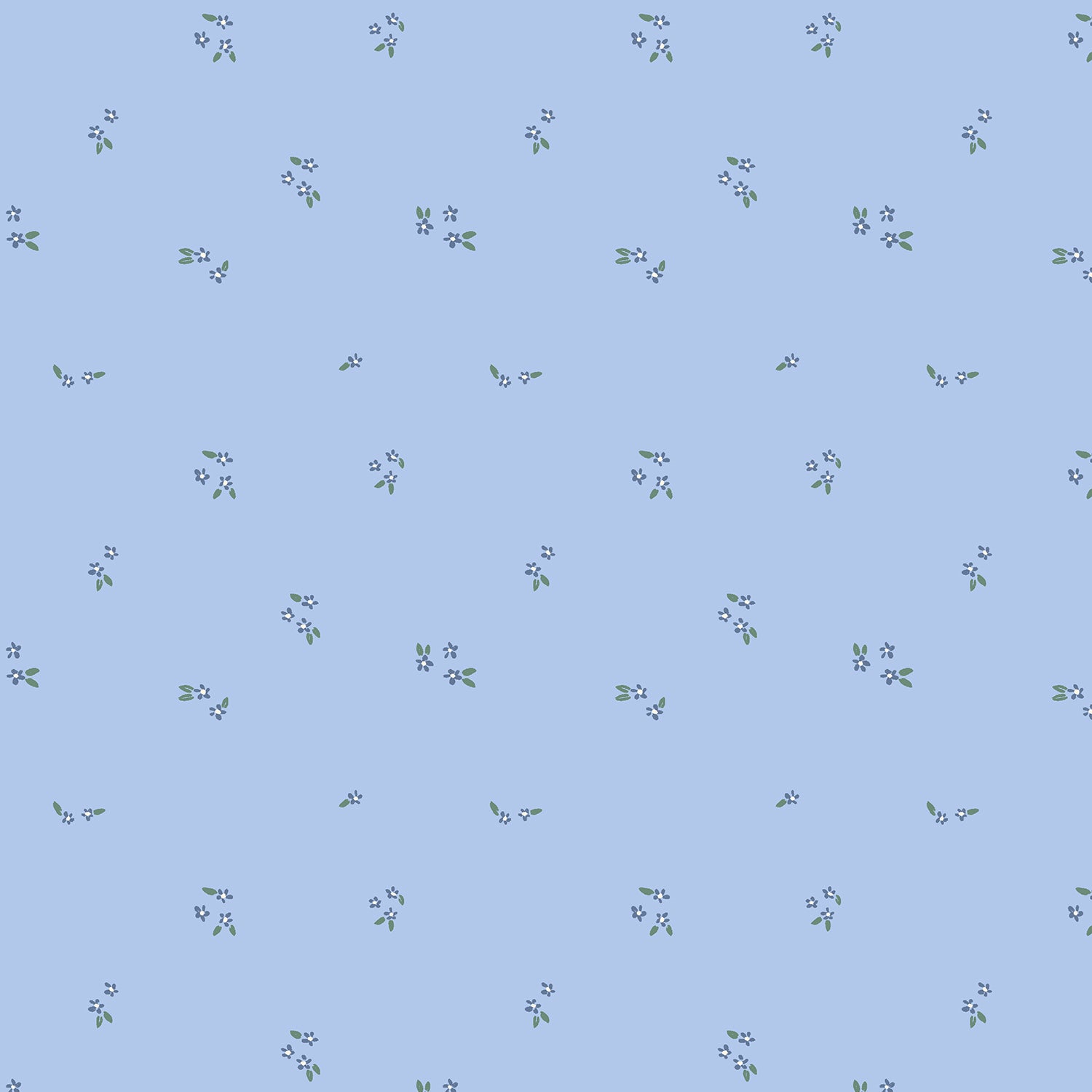 A repeating pattern of tiny white flowers with small green leaves on a light blue background.