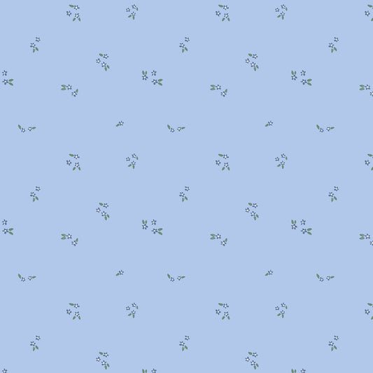 A repeating pattern of tiny white flowers with small green leaves on a light blue background.