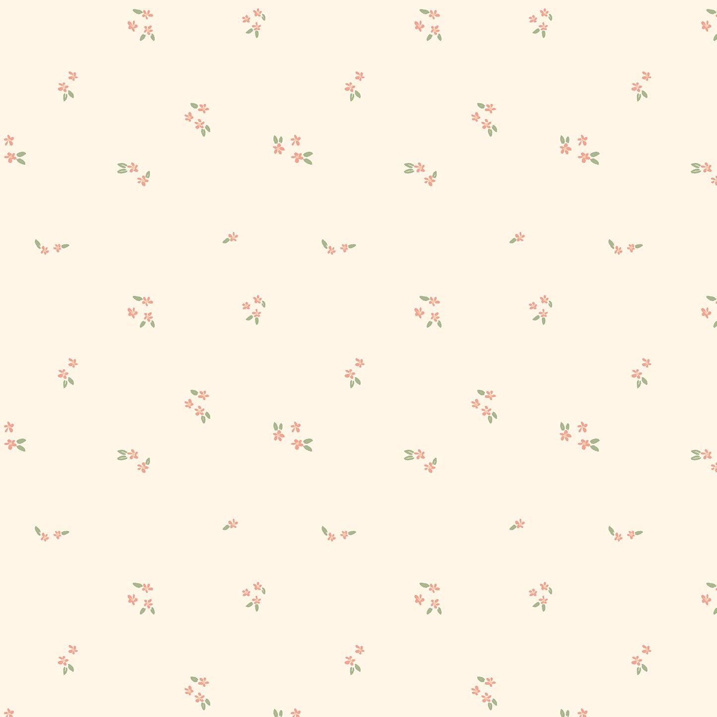 A repeating floral pattern on a warm cream background, featuring small coral-pink blossoms with green leaves scattered evenly across the surface.