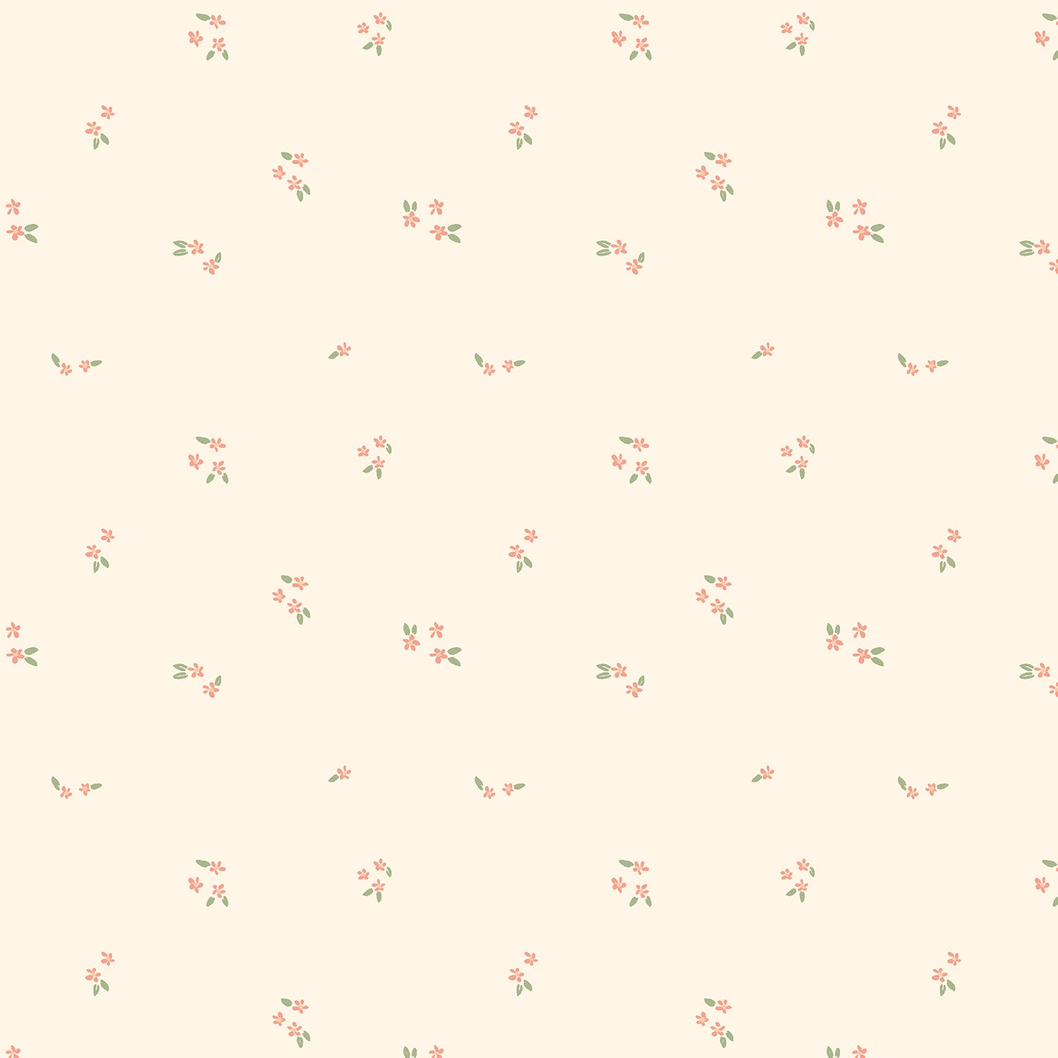 A repeating floral pattern on a warm cream background, featuring small coral-pink blossoms with green leaves scattered evenly across the surface.