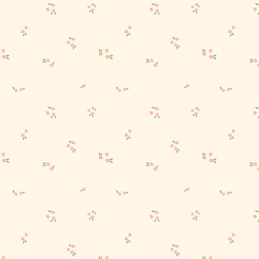 A repeating floral pattern on a warm cream background, featuring small coral-pink blossoms with green leaves scattered evenly across the surface.