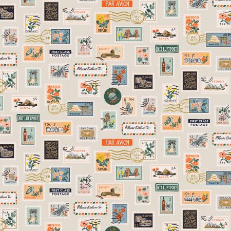 Bon Voyage - Rifle Paper Co. (Cotton+Steel) - Postage Stamps Flax