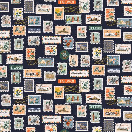 Bon Voyage Postage Stamps Navy Fat Quarter (Cotton+Steel)