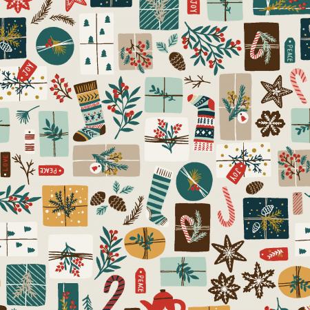 Merry Memories Opening Presents Ivory Fat Quarter (RJR Fabrics)