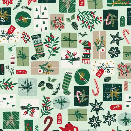 Merry Memories Opening Presents Green Fat Quarter (RJR Fabrics)